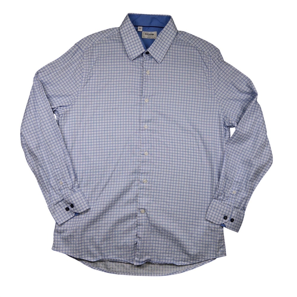 Duchamp London Dress Shirt Mens XL Blue White Grid Check Cotton Blend Slim Fit